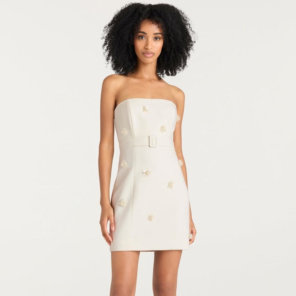 Cinq a Sept Blair Mini Sheath Dress Ivory Strapless Floral Appliqué Size 6